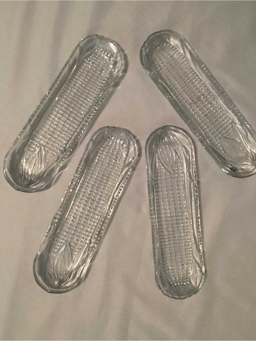 Set of 4 Textured Clear Glass Corn on the Cob Motif Holders Serving Trays